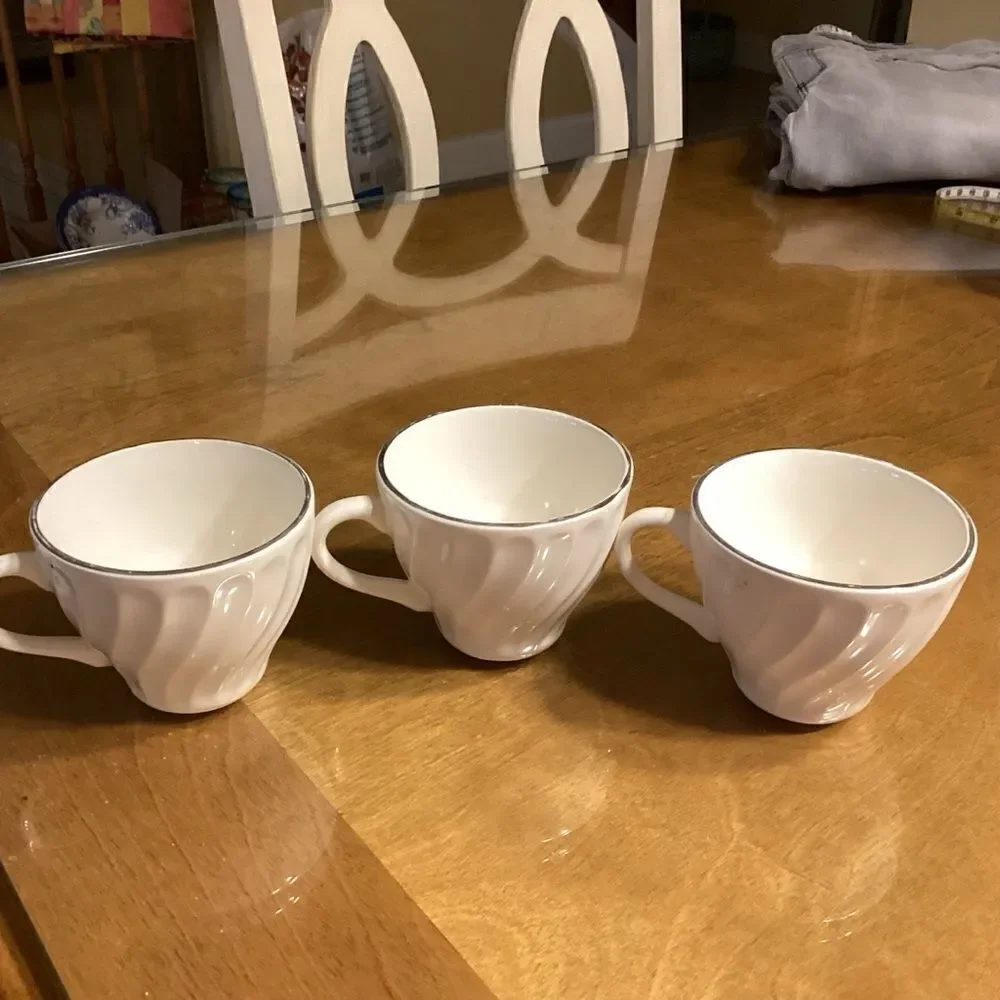 Set of 3 White China with Rose Print Tea/Coffee Cups